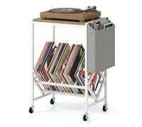 COSTWAY Mueble Tocadiscos con Ruedas, Soporte para Tocadiscos con Estante para Vinilos y Almacenaje Lateral, Mesa Auxiliar Móvil de Discos para Exhibición de Vinilos, 49,5x30x64 cm (Natural y Blanco)