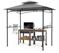 COSTWAY, Pabellón para barbacoa de 242x150 cm, pabellón de jardín con techo doble, 2 estantes laterales y 6 ganchos. Pabellón para barbacoa, cobertizos para barbacoa, refugios para parrillas
