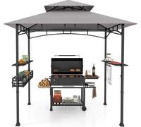 COSTWAY: Pabellón para barbacoa resistente a la intemperie, cobertizo para barbacoa con techo doble, estantes laterales, cesta de metal, ganchos y abrelatas. Cubierta para barbacoa de 242x153x250 cm