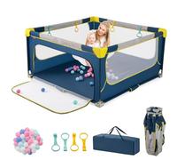 COSTWAY Parque Infantil Bebé, 150 x 150 cm, Corralito bebe Plegable con Puerta con Cremallera, 50 Bolas Oceánicas y 4 Anillos de Sujeción, Red Ventilada, Centro de Actividades para Niños