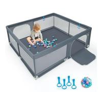 COSTWAY Parque Infantil Bebe 200 x 180 x 68 cm, Corralito Bebe con 50 Bolas, 4 Anillos, Malla Transpirable Suave, Asas, Valla para Bebés con Puerta, Base Antideslizante (Gris)