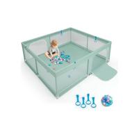 COSTWAY Parque Infantil Bebe 200 x 180 x 68 cm, Corralito Bebe con 50 Bolas, 4 Anillos, Malla Transpirable Suave, Asas, Valla para Bebés con Puerta, Base Antideslizante (Verde)