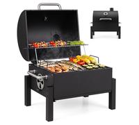 COSTWAY: Parrilla portátil de carbón, mini barbacoa con tapa, 2 superficies de cocción, mangos y termómetro, parrilla de mesa plegable y compacta, parrilla de metal para camping