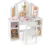 COSTWAY, Set 2 en 1 para tocador infantil, escritorio con silla y espejo desmontable, mesa de maquillaje para niñas con compartimentos abiertos, cómoda de tocador de madera, mesa de maquillaje (con si