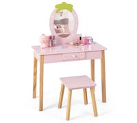 COSTWAY, set de tocador infantil 2 en 1, incluye tocador con taburete, espejo con forma de fresa, peines y cajón, mesa de maquillaje para niños de 3 a 7 años, color rosa