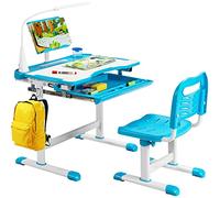 COSTWAY Set Escritorio y Silla para Niños +6 Años, Pupitres Infantil Altura Ajustable y Reclinable, Escritorio Infantil con Luz LED, Atril para Libros, Portalápices, 64X49X52-79cm Azul