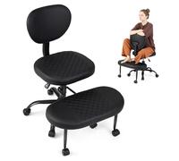 COSTWAY Silla Ergonómica de Rodillas, Respaldo, Reposapiés Giratorio a 360° | Silla Oficina de Piernas Cruzadas con Ruedas, Altura Ajustable y Asiento Tapizado, Taburete para Meditación, Yoga, Trabajo