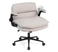 COSTWAY Silla Oficina Cuero Ariticial, 5 Ruedas, Reposabrazos Abatibles | Silla Escritorio Ergonómico, Altura Ajustable, Respaldo Ancho y Asiento Acolchado, Estudio Salón Dormitorio, Beige