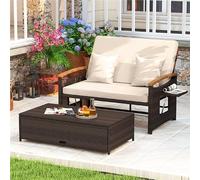 COSTWAY Sofa Exterior de Ratán con Reposapiés de Almacenamiento, 2 Plazas Tumbona Acolchado, Cama Respaldo Ajustable de 4 Niveles, Bandejas Laterales Retráctiles, Tumbona Doble de Ratan (Marrón)