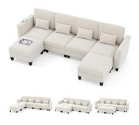 COSTWAY Sofá Modular en Forma de U de 280x144x84 cm, Sofa Chaise Longue con 2 Otomanas, Puertos de Carga USB y Tipo C, Almohadas, Sofá Cama Esquinero de 4 Plazas para Sala de Estar Dormitorio (Blanco)