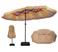COSTWAY Sombrilla doble con soporte y luces LED solares, 450x260 cm, sombrilla de paja de polietileno estilo hawaiano, con 12 modos de luz, 2 opciones de carga y manivela. Sombrilla para jardín