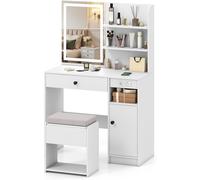 COSTWAY Tocador de Maquillaje con Luz Espejo y Taburete White 90 x 40 x 135.5 cm
