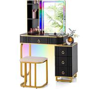 COSTWAY Tocador de Maquillaje Con Luz RGB y Taburete, 7 LED Dinámicas Black 80 cm x 40 cm x 137 cm