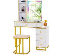 COSTWAY Tocador de Maquillaje Con Luz RGB y Taburete, 7 LED Dinámicas White 80 cm x 40 cm x 137 cm