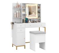 COSTWAY Tocador de Maquillaje con luz y Espejo, Taburete, Estación de Carga, Mesa de Tocador con Cajones, Estantes Abiertos, Luces LED 3 Colores, Vanity de Maquillaje, Blanco, 98 x 40 x 138,5 cm