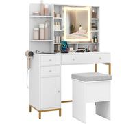 COSTWAY Tocador de Maquillaje con luz y Espejo, Taburete White 98 cm x 40 cm x 138.5 cm