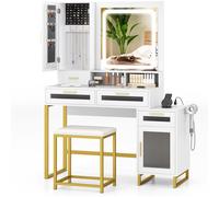 COSTWAY Tocador de Maquillaje con Luz y Taburete, Mesa de Maquillaje White 112 x 39,5 x 145 cm