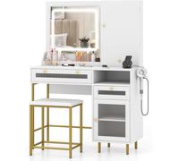 COSTWAY Tocador de Maquillaje con Luz y Taburete White 96 x 39 x 135.5 cm