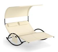COSTWAY Tumbona Doble Jardin Exterior con Toldo, Tumbona Mecedora con 2 Reposacabezas Desmontables, Chaise Lounge Doble Textilene Jardín Patio, Marco de Metal (Beige,Bolsillo)