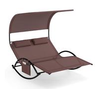 COSTWAY Tumbona Doble Jardin Exterior con Toldo, Tumbona Mecedora con 2 Reposacabezas Desmontables, Chaise Lounge Doble Textilene Jardín Patio, Marco de Metal Resistente (café,Bolsillo)