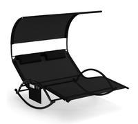 COSTWAY Tumbona Doble Jardin Exterior con Toldo, Tumbona Mecedora con 2 Reposacabezas Desmontables, Chaise Lounge Doble Textilene Jardín Patio, Marco de Metal Resistente (Negro,Bolsillo)