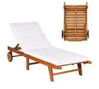 COSTWAY Tumbona Hamaca de Madera de Exterior, 5 Niveles, Chaise Longue Regulable con Cojín con Cremallera, Plegable y Portátil, con Ruedas, Tumbona Reclinable Playa Piscina, Carga 160 kg (Blanco,1)