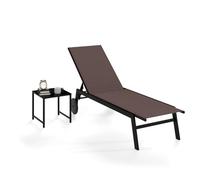 COSTWAY Tumbona Jardin Exterior con Ruedas, Tumbona Reclinable Textilene con Mesita de Cristal Templado, Respaldo Ajustable de 6 Niveles, Espreguiçadeira Jardim Playa Piscina Terraza, 150kg (café)