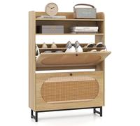 COSTWAY Zapatero Armario con 2 Cajones Abatibles, Mueble Zapatero Estrecho Puertas de Ratán y Patas de Metal, Entrada Recibidor Pasillo, 80 x 24 x 115 cm