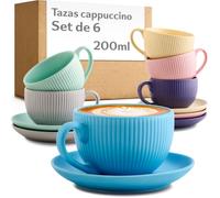 Cosumy Juego de Tazas de Café Capuchino 200 ml Pastel - 6 Tazas con Plato | Hecho a mano, cerámica gruesa mantiene el café caliente, apto para lavavajillas y microondas, Coffee Cup, Set de Tazas