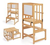 COSYLAND Torre de Aprendizaje de 3 en 1 Bambú - Convertible en Escritorio Infantil y con Pizarra para Dibujar - Niños de 18 Meses a 6 Años para Cocina - Natural Clásico