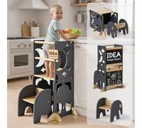 COSYLAND Torre de Aprendizaje Infantil 4 en 1 para Cocina con Barandilla de Seguridad, Diseño Plegable con Doble Pizarra, Convertible en Conjunto de Escritorio y Silla Infantil, Gris y Natural