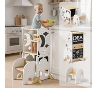 COSYLAND Torre de Aprendizaje Infantil 4 en 1 para Cocina con Barandilla de Seguridad, Diseño Plegable con Doble Pizarra, Convertible en Conjunto de Escritorio y Silla Infantil, Blanco y Natural