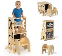 COSYLAND Torre de Aprendizaje Infantil 4 en 1 para Cocina con Barandilla de Seguridad, Diseño Plegable con Doble Pizarra, Convertible en Conjunto de Escritorio y Silla Infantil, Natural Clásico