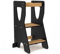 COSYLAND Torre de Aprendizaje Montessori de Madera - Altura Ajustable en 3 Niveles - para Niños Desde 18 Meses - con Barandillas de Seguridad - Estable y Fácil de Montar - Natural y Negro, Forma R