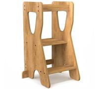 COSYLAND Torre de Aprendizaje Montessori de Madera - Altura Ajustable en 3 Niveles - para Niños Desde 18 Meses - con Barandillas de Seguridad - Estable y Fácil de Montar - Natural, Forma R