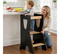 COSYLAND Torre de Aprendizaje Montessori de Madera - Altura Ajustable en 3 Niveles - para Niños Desde 18 Meses - con Barandillas de Seguridad - Estable y Fácil de Montar - Negro Oscuro, Forma R
