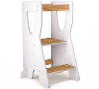 COSYLAND Torre de Aprendizaje Montessori de Madera - Altura Ajustable en 3 Niveles - para Niños Desde 18 Meses - con Barandillas de Seguridad - Estable y Fácil de Montar - Natural y Blanco, Forma R