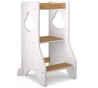 COSYLAND Torre de Aprendizaje Montessori de Madera para Niños Desde 18 Meses - Altura Ajustable en 3 Niveles - con Barandillas de Seguridad - Estable y Fácil de Montar - 80CM, Blanco y Natural, Disco