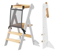 COSYLAND Torre de Aprendizaje Montessori de Madera Plegable Desde 1 Año - Ganadora del Premio iF Design, con Red de Seguridad y Altura Ajustable, Ideal para Cocina y Baño (Blanco y Natural)