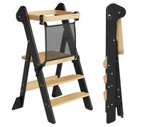 COSYLAND Torre de Aprendizaje Montessori de Madera Plegable Desde 1 Año - Ganadora del Premio iF Design, con Red de Seguridad y Altura Ajustable, Ideal para Cocina y Baño (Negro y Natural)