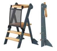 COSYLAND Torre de Aprendizaje Montessori de Madera Plegable Desde 1 Año - Ganadora del Premio iF Design, con Red de Seguridad y Altura Ajustable, Ideal para Cocina y Baño (Azul Pizarra y Natural)