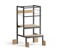 COSYLAND Torre de aprendizaje para niños a partir de 1 año, Torre de aprendizaje Montessori regulable en altura de madera con marco de hierro, torre de aprendizaje estable con protección contra caídas