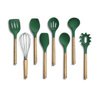 Country Kitchen Juego de utensilios de silicona antiadherentes con asas redondeadas de madera para cocinar y hornear, juego de 8 piezas, color verde