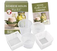 Country Trading Co. Juego de 5 moldes de queso y libro de elaboración de queso, recetas para hacer ricotta, paneer, quark y más,Juego de coladores profesionales para cesta de prensa de queso