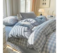 Covebett Ropa de cama 135 x 200 cm, juego de sábanas con diseño de cuadros geométricos azul y blanco, estilo casa de campo moderno, funda nórdica de microfibra reforzada lavada con cremallera y funda