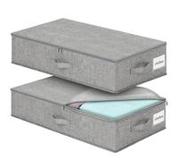 Cozary 2 Piezas Caja de Almacenaje Bajo la Cama con Tapa, Organizadora de Almacenamiento de Tejidos, Tela Duradera, Plegable, 3 asas, para Mantas, Edredones, Almohadas, 76x38x17cm, Gris