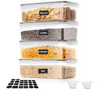 Cozary 3.2L Botes Cocina Almacenaje de Plástico 4 Piezas, Recipientes Herméticos Para Alimentos,Contenedores Cocina con Tapa y Etiqueta y Cuchara Dosificadora, para Cereales, Pasta, Harina y Azúcar