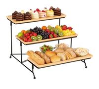 Cozary Bandeja Madera 3 Pisos 28.9x12.5x1.2cm, Bandejas para Servir Comida con Soporte Metálico, Frutero, Bandeja Madera Rectangular para Desayuno, Bebidas, Aperitivos, Decoración del Hogar
