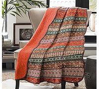 Cozyholy Colcha Bohemia tamaño matrimonial y Queen, 100% algodón, Acolchada, Colorida, Bohemia, a Rayas, Reversible, Ligera, Vintage, para sofá, Color Naranja