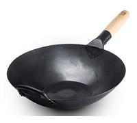 Craft Wok Black13 - Wok plano de acero al carbono martillado previamente sazonado con mango auxiliar de madera y acero (13 pulgadas, parte inferior plana)